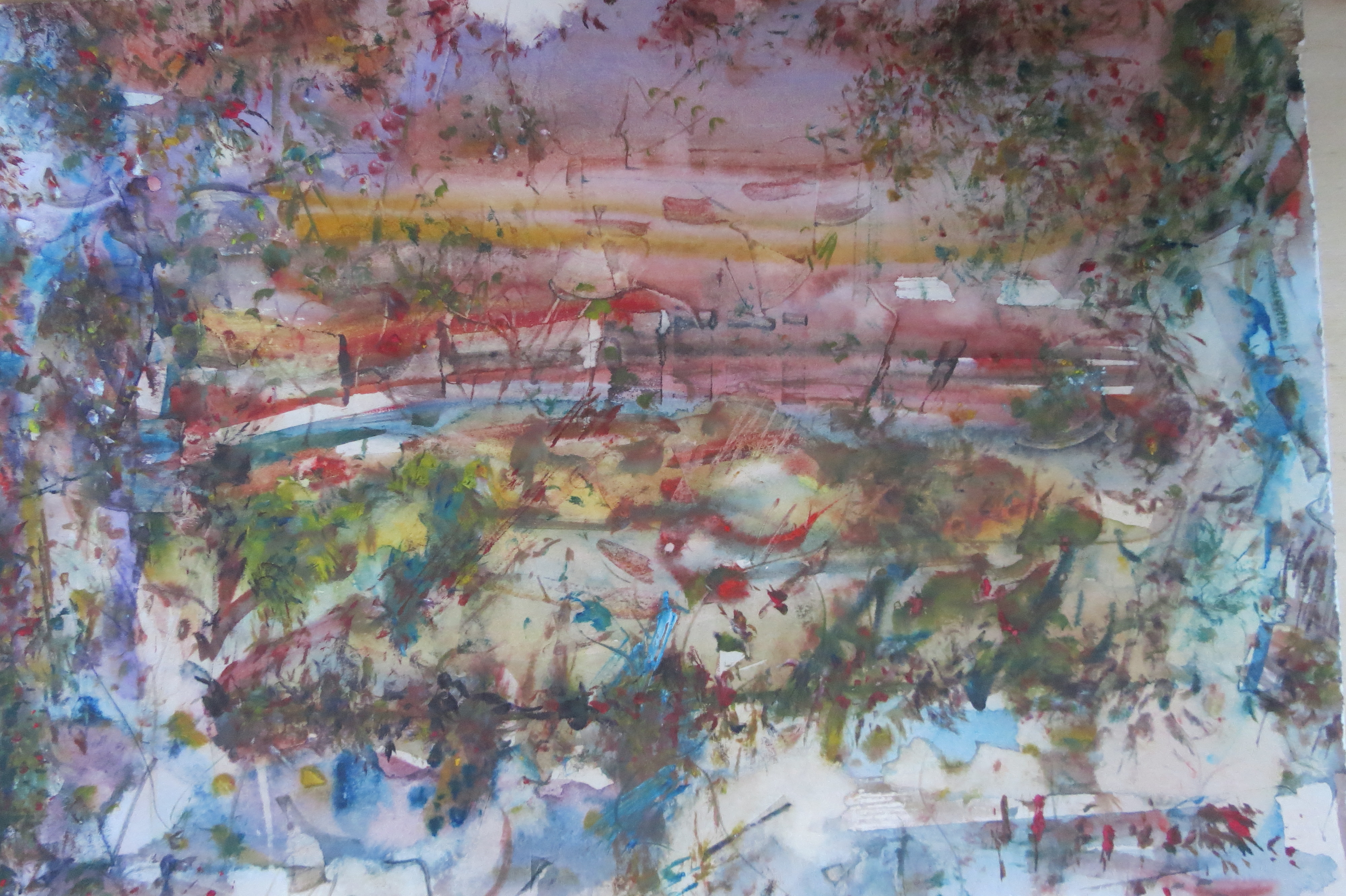 Abstract landscape — blues, warm reds, and gold