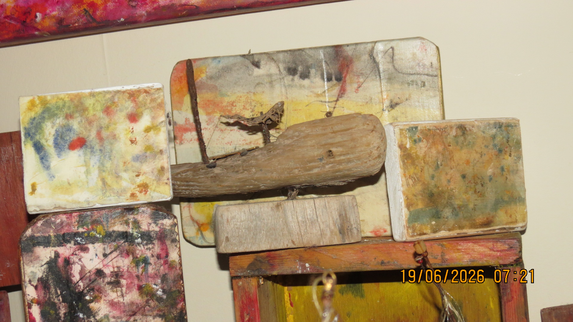 Studio — paint-covered assemblage and reclaimed objects