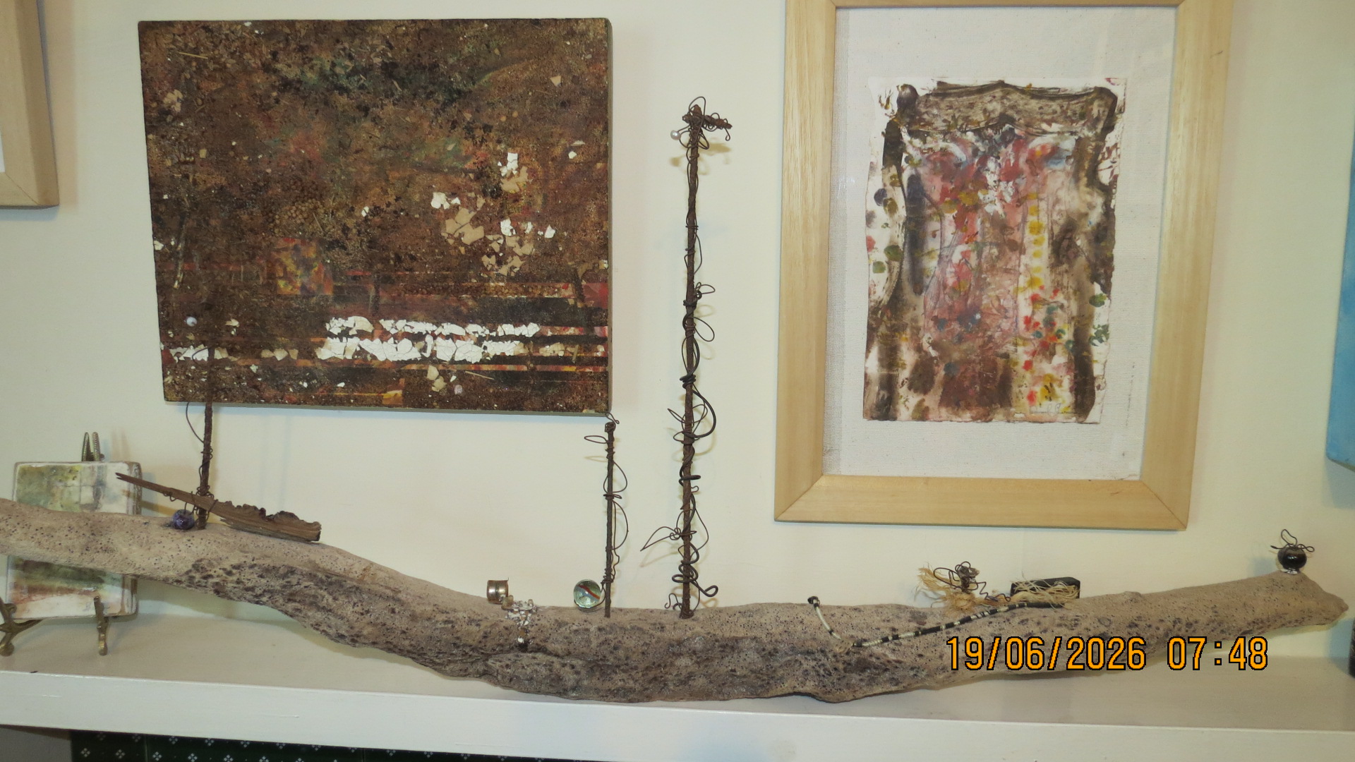Large driftwood boat with original paintings — mixed media